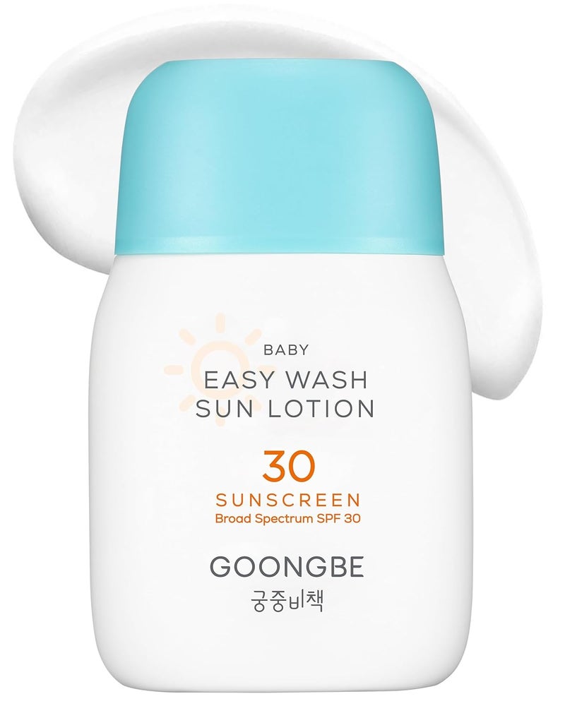 goongbe لوسيون الشمس سهل الغسل للأطفال SPF 30 - واقي شمس معدني مرطب من أكسيد الزنك للأطفال - يغسل بسهولة - نباتي، آمن للشعاب المرجانية، خالي من مسببات الحساسية، 2.11 أونصة سائلة. - Image 1
